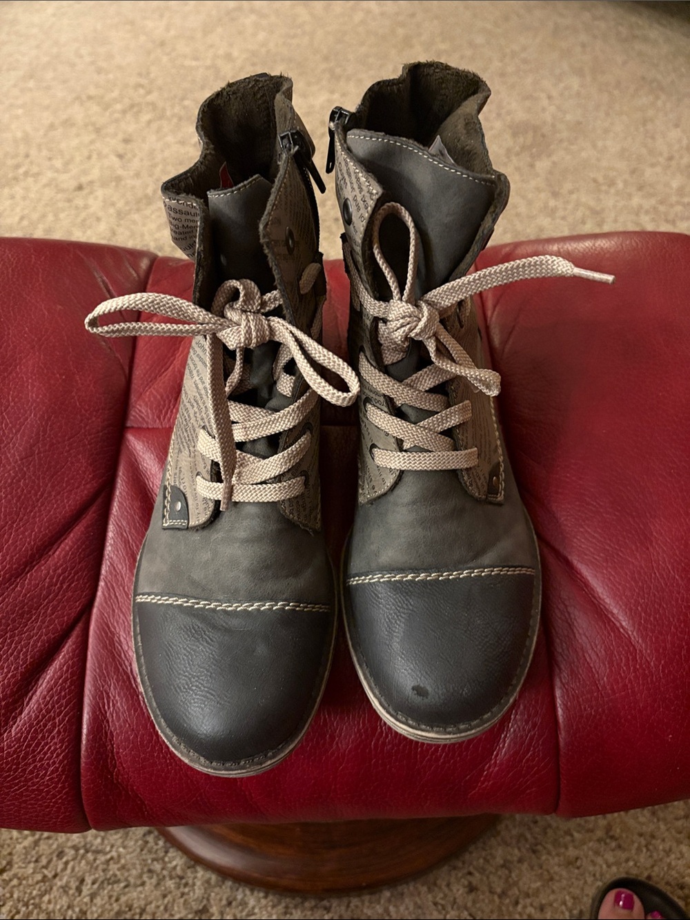 Rieker Women's Gray Lace-Up Leather Boots with Tan Accents Size 40